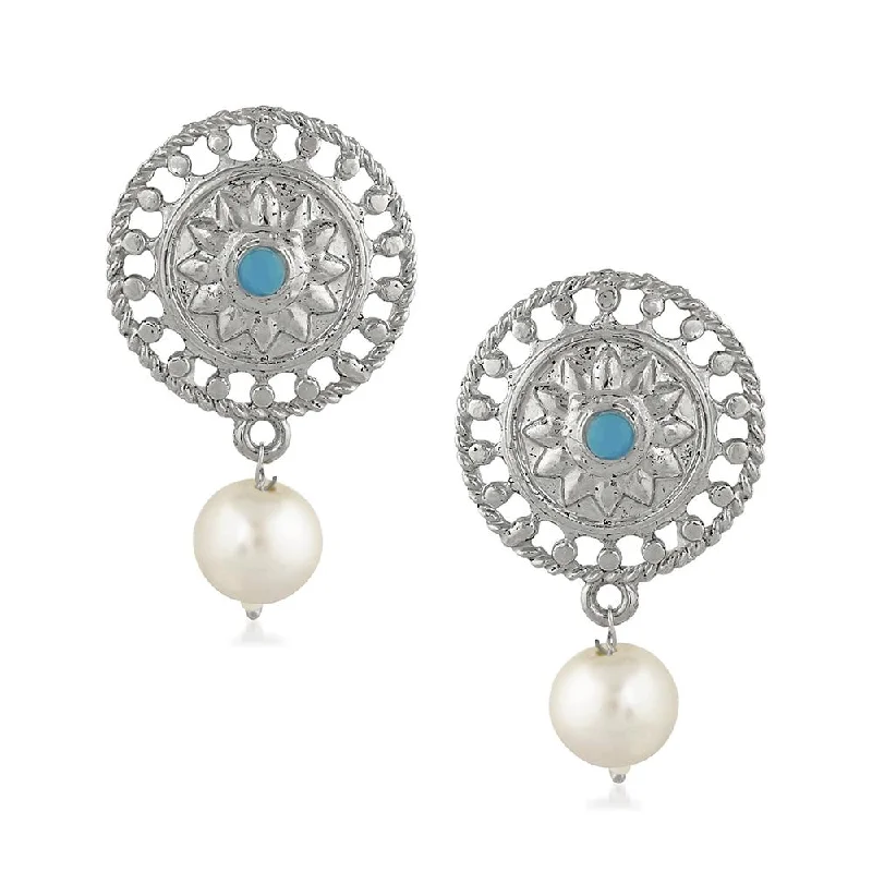 Drop Earrings for School Uniform -Mahi Sky Blue Kundan and Artificial Pearl Traditional Dangler Earrings for Women (VECJ100220)