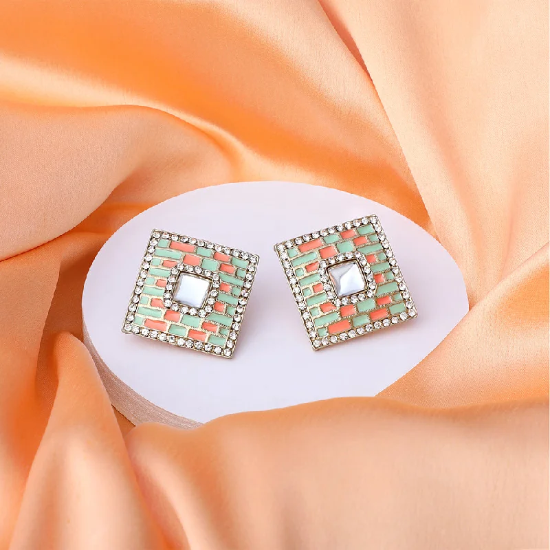 Drop Earrings with Symbolic Elements -Mahi Squarish Dangler Earrings with Crystals and Light Green and Orange Meenakari Enamel for Women (ER11098146GLgre)