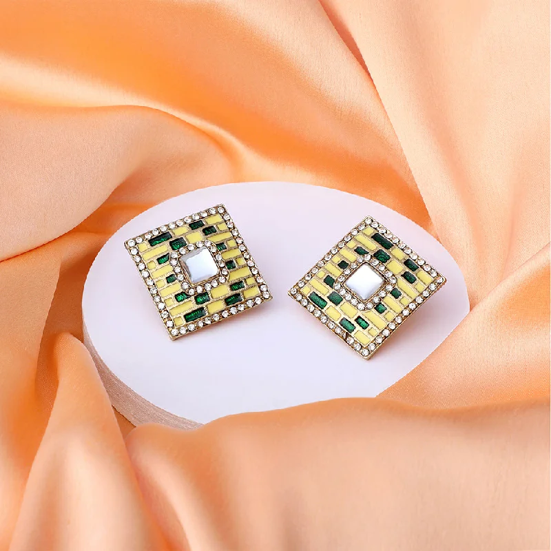 Drop Earrings with Abstract Designs -Mahi Squarish Dangler Earrings with Crystals and Yellow and Green Meenakari Enamel for Women (ER11098147GYel)