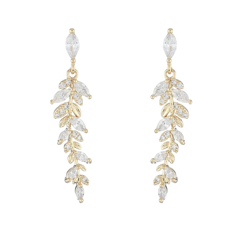 Drop Earrings with Leaf Motifs -Micro-set Zirconia 14k Gold Plated Leaf Drop Earrings