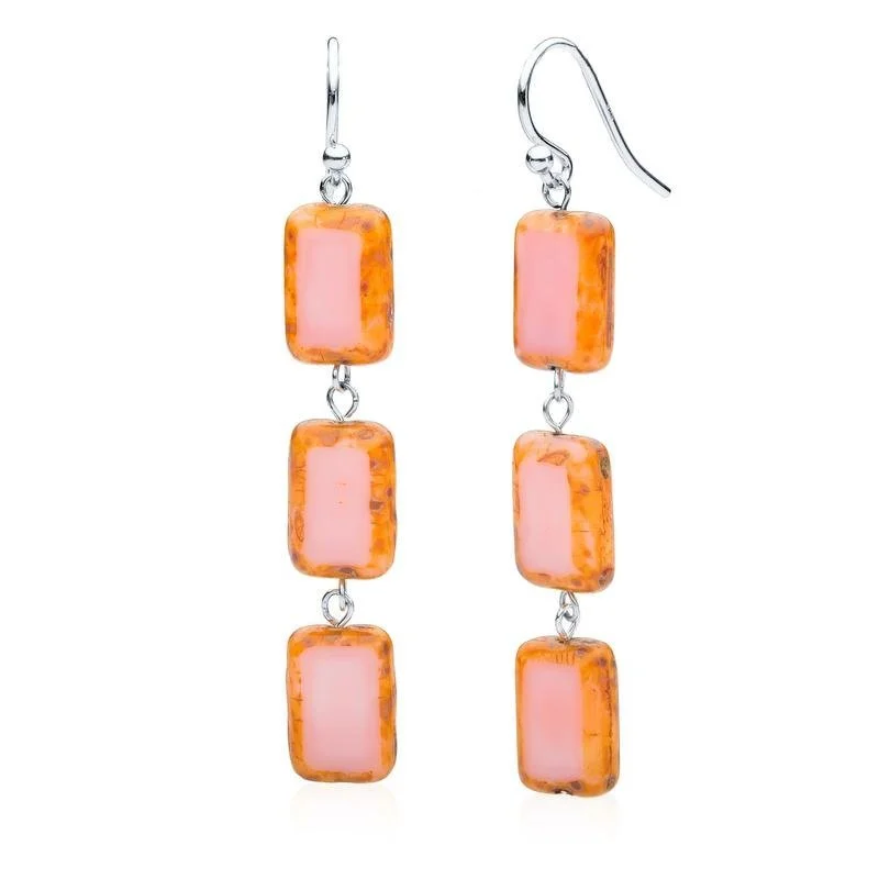 Drop Earrings with Hammered Finish -Pink Glass Rectangle Beaded Drop Earrings