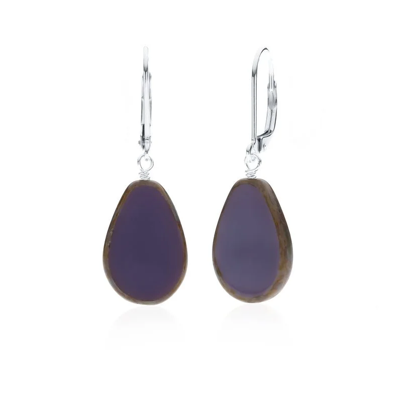 Drop Earrings with Leaf Motifs -Purple Glass Beaded Teardrop Earrings