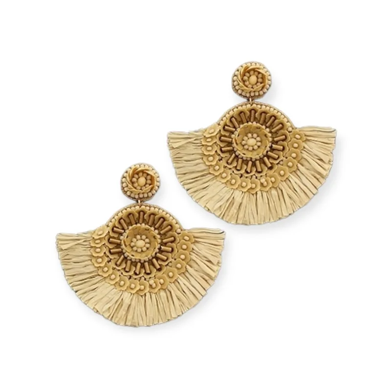 Screw Back Drop Earrings for Security -Raffia Fan Beaded Drop Earrings