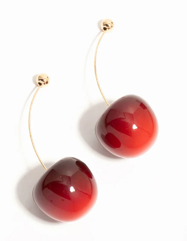 Contemporary Drop Earrings for Fashion -Red Cherry Thread Through Gold Drop Earrings