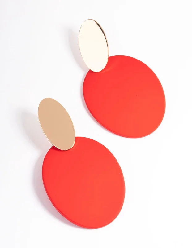 Geometric Drop Earrings for Trend -Red Oval Disc Drop Earrings