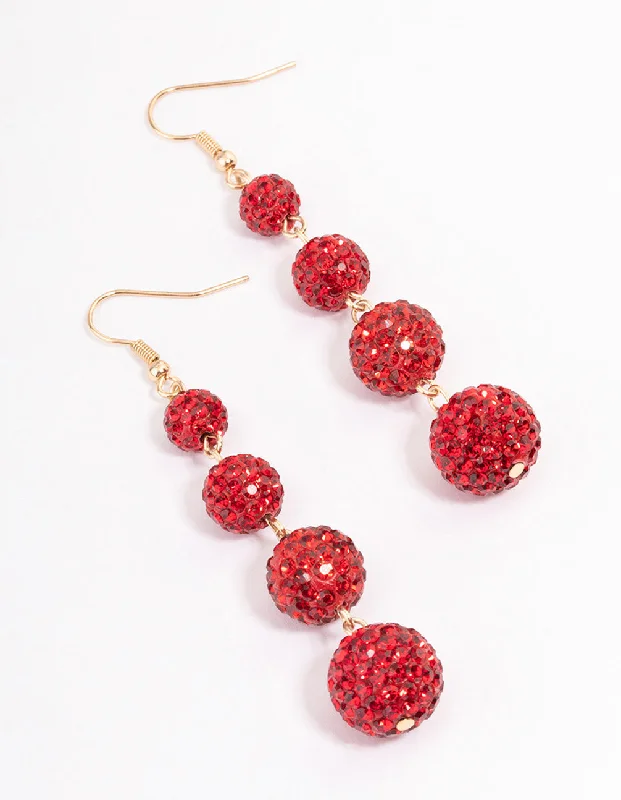 Floral Drop Earrings with Petals -Red Triple Ball Drop Earrings