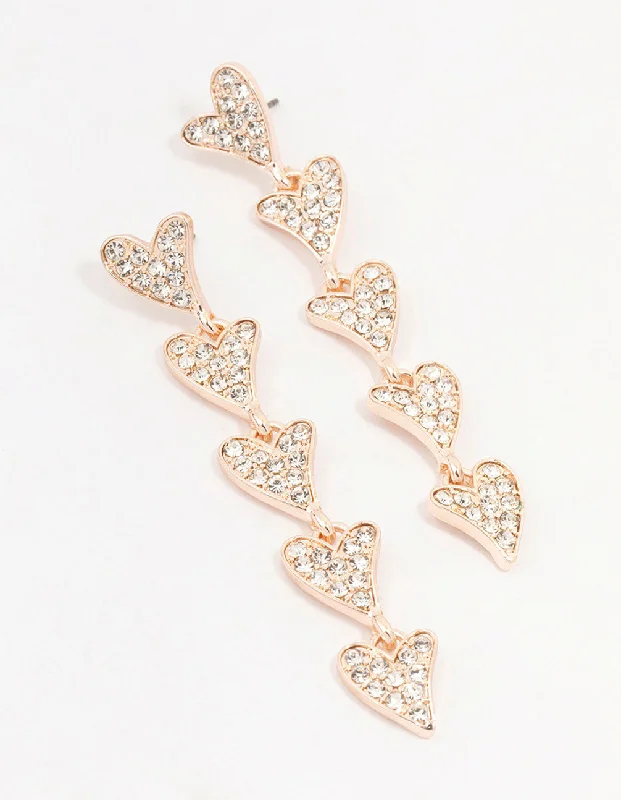 Maximalist Drop Earrings for Bling -Rose Gold Multiple Diamante Hearts Drop Earrings