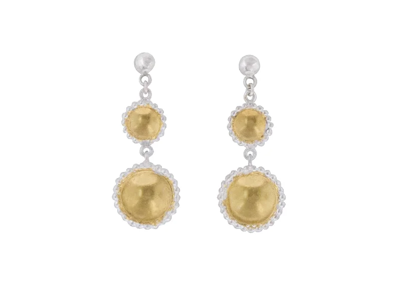 Maximalist Drop Earrings for Bling -Round Gold Bond Drop Earrings, Sterling Silver