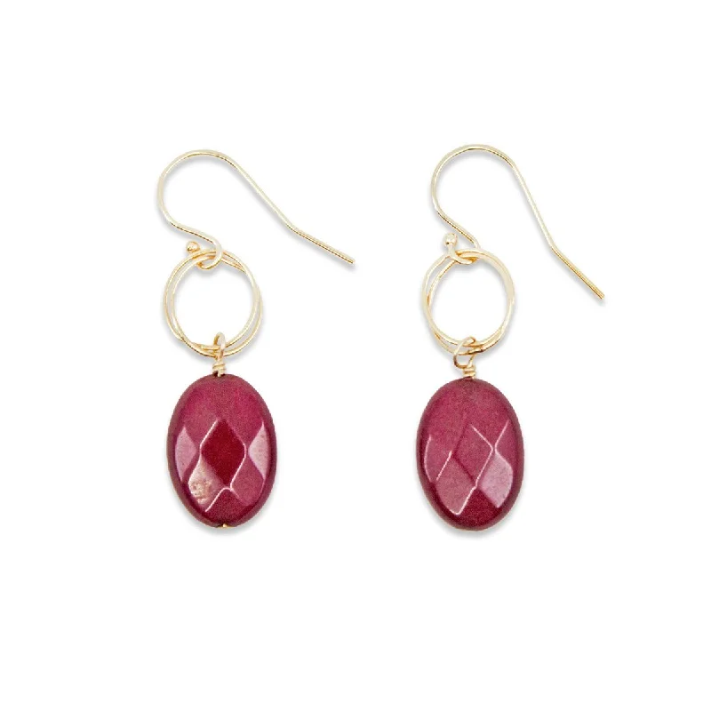 Silver Drop Earrings for Men -Ruby Red Jade Circle Drop Earrings in Silver or Gold