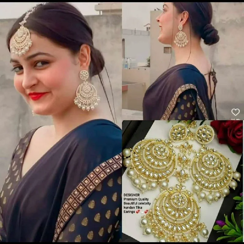 Drop Earrings with Symbolic Elements -Sai Fashion Gold Plated Kundan And Pearl Designer Dangler Earrings With Maang Tikka