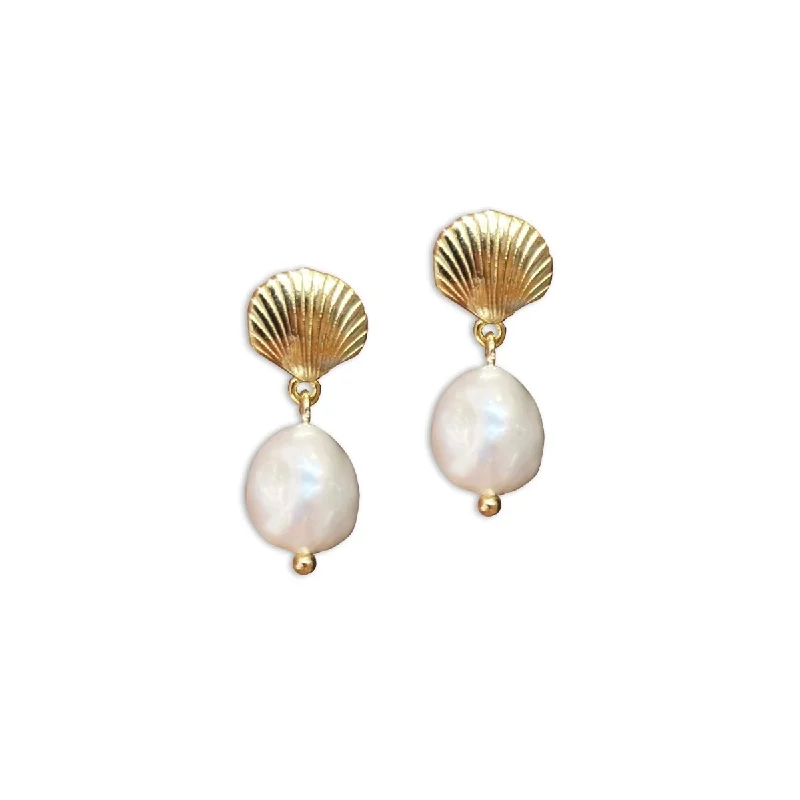 Push Back Drop Earrings for Convenience -Scallop Shell Pearl Drop Earrings