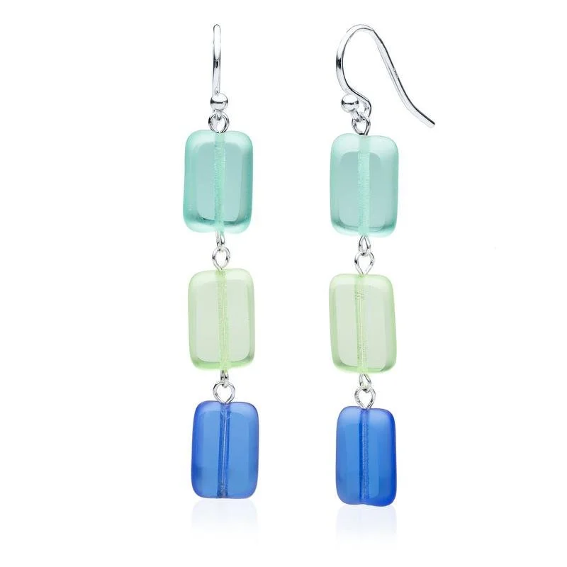 Drop Earrings with Embossed Patterns -Seaglass Mix Glass Rectangle Beaded Drop Earrings