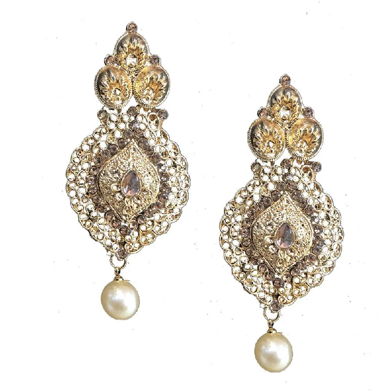 Short Drop Earrings for Subtle -Shreeji Brown Austrian Stone Gold Plated Dangler Earrings - SE_494