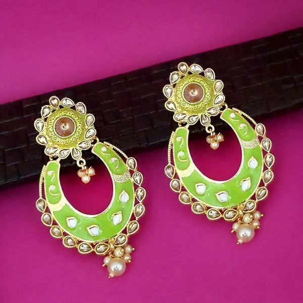 Floral Drop Earrings with Petals -Kriaa Green Meenakari Gold Plated Kundan Dangler Earrings  - 1316327K