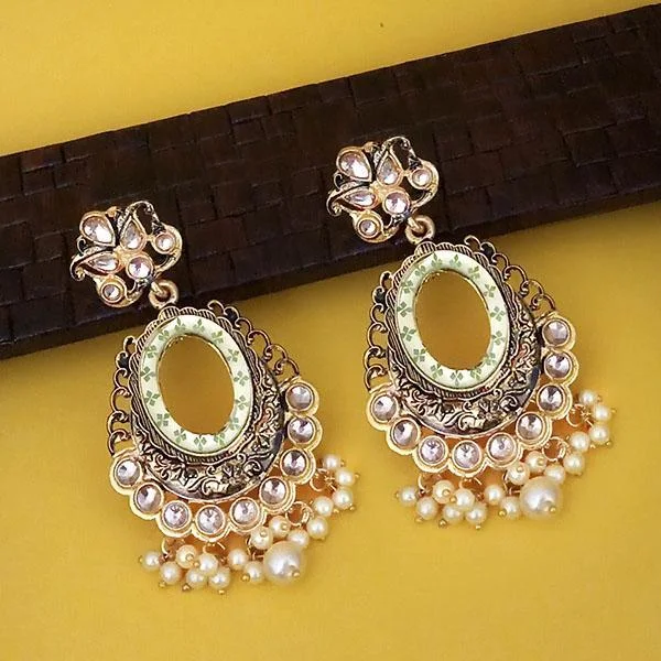 Gold Drop Earrings for Women -Kriaa Green Meenakari Gold Plated Kundan Dangler Earrings  - 1316338D