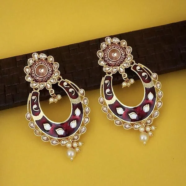 Bohemian Drop Earrings with Tassels -Kriaa Maroon Meenakari Gold Plated Kundan Dangler Earrings - 1316327I