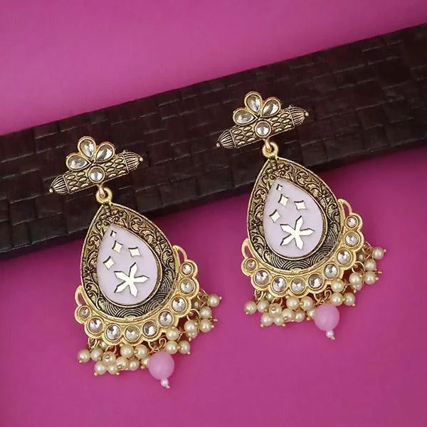 Gemstone Drop Earrings for Color -Kriaa Pink Meenakari Gold Plated Kundan Dangler Earrings  - 1316337E