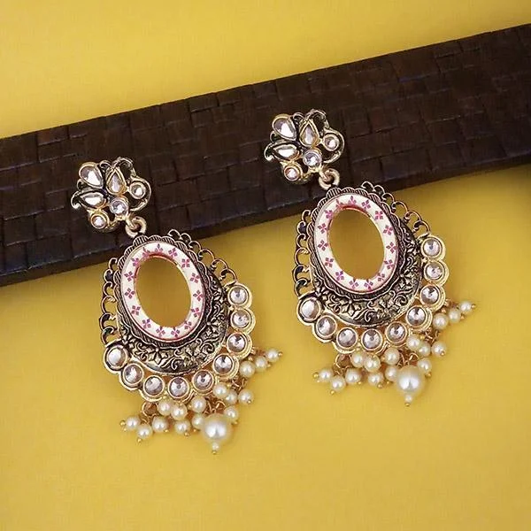 Silver Drop Earrings for Men -Kriaa Pink Meenakari Gold Plated Kundan Dangler Earrings  - 1316338C