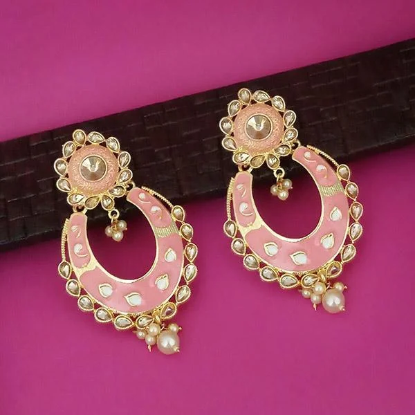 Vintage Drop Earrings with Patina -Kriaa Pink Meenakari Kundan Gold Plated Dangler Earrings - 1316327H