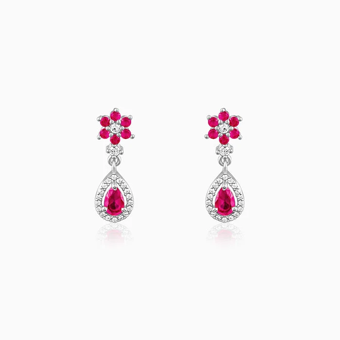 Drop Earrings with Abstract Designs -Silver Pink Flower Mini Drop Earrings