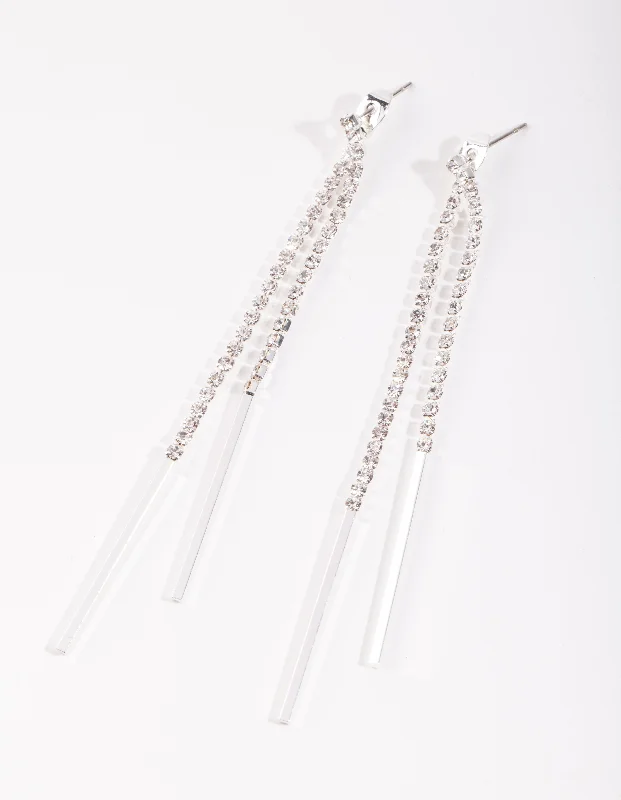 Square Drop Earrings for Modern -Silver Diamante Cup Chain Drop Earrings