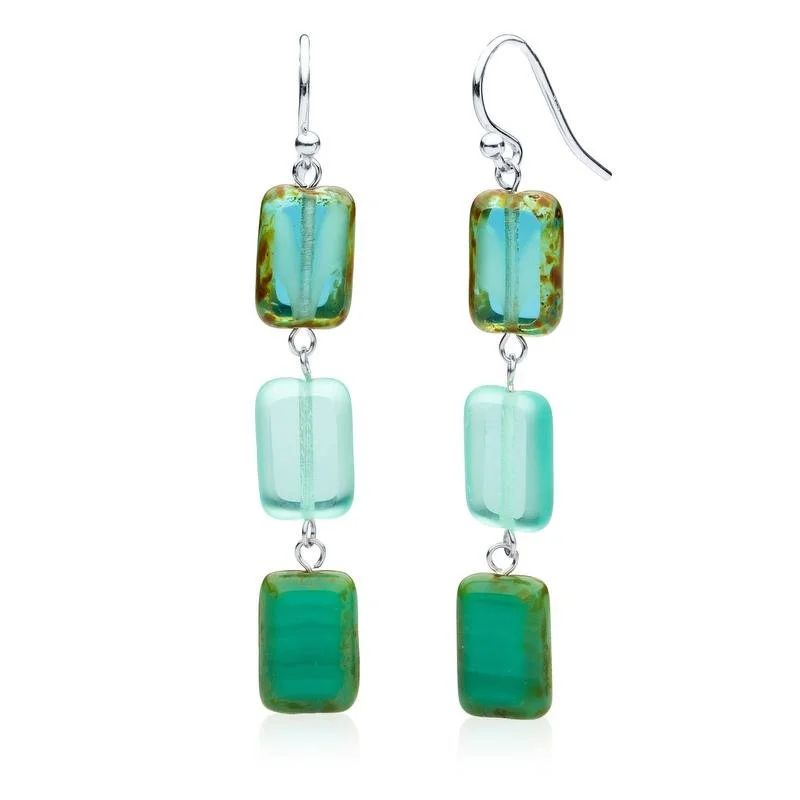 Drop Earrings for Wedding Ceremony -Teal Frost Mix Glass Rectangle Beaded Drop Earrings