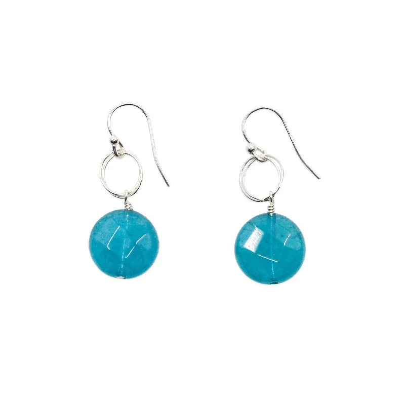 Gemstone Drop Earrings for Color -Teal Jade Circle Drop Earrings in Sterling Silver or Gold