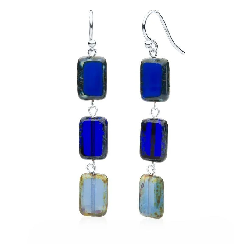 Drop Earrings with Matte Finish -True Blue Mix Glass Rectangle Beaded Drop Earrings