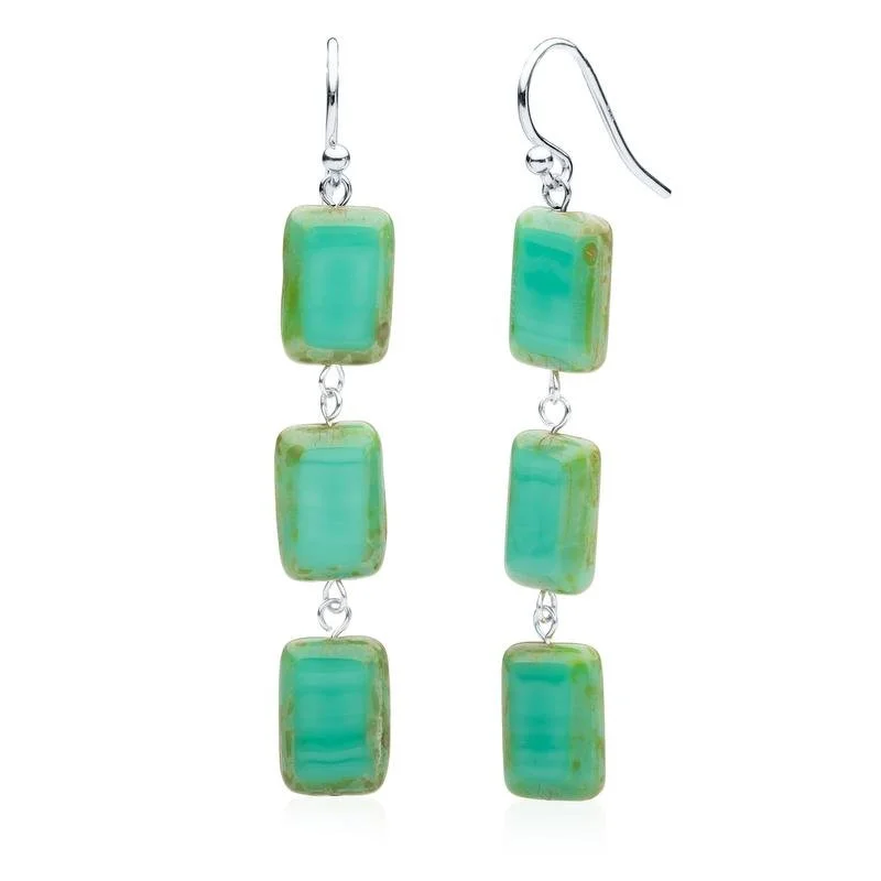 Drop Earrings with Polished Shine -Turquoise Glass Rectangle Beaded Drop Earrings