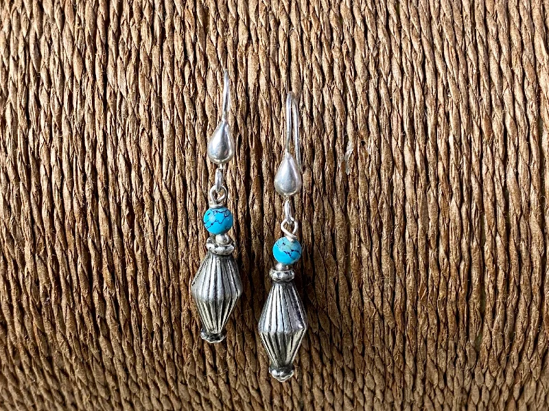 Hippie Drop Earrings with Beads -Vintage silver and turquoise drop earrings