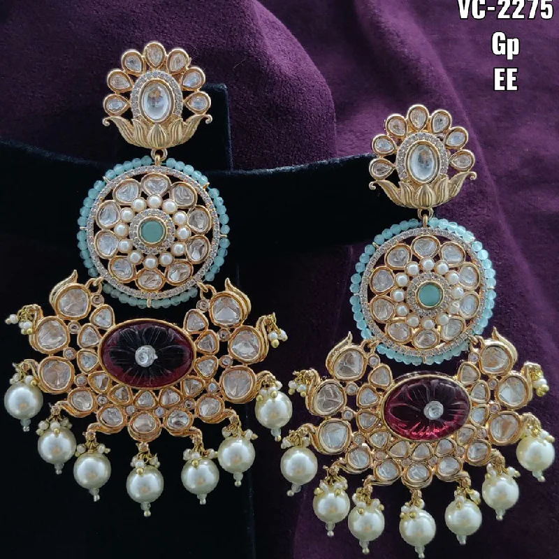 Nickel Free Drop Earrings for Safety -Vivah Creations Gold Plated Kundan & Beads Dangler Earrings