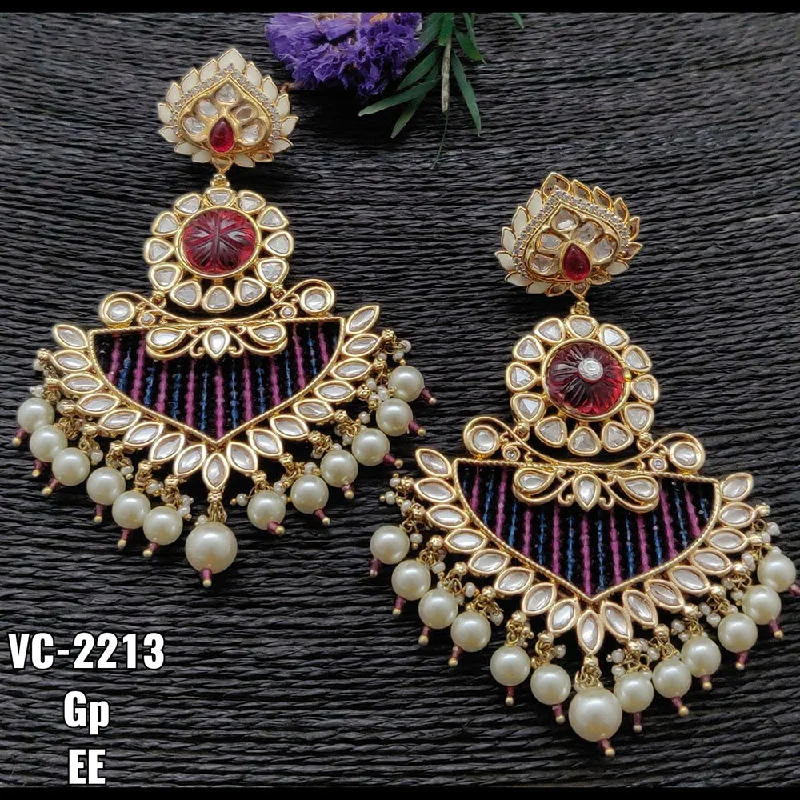 Ethnic Drop Earrings with Tribal Design -Vivah Creations Gold Plated Kundan & Beads Dangler Earrings