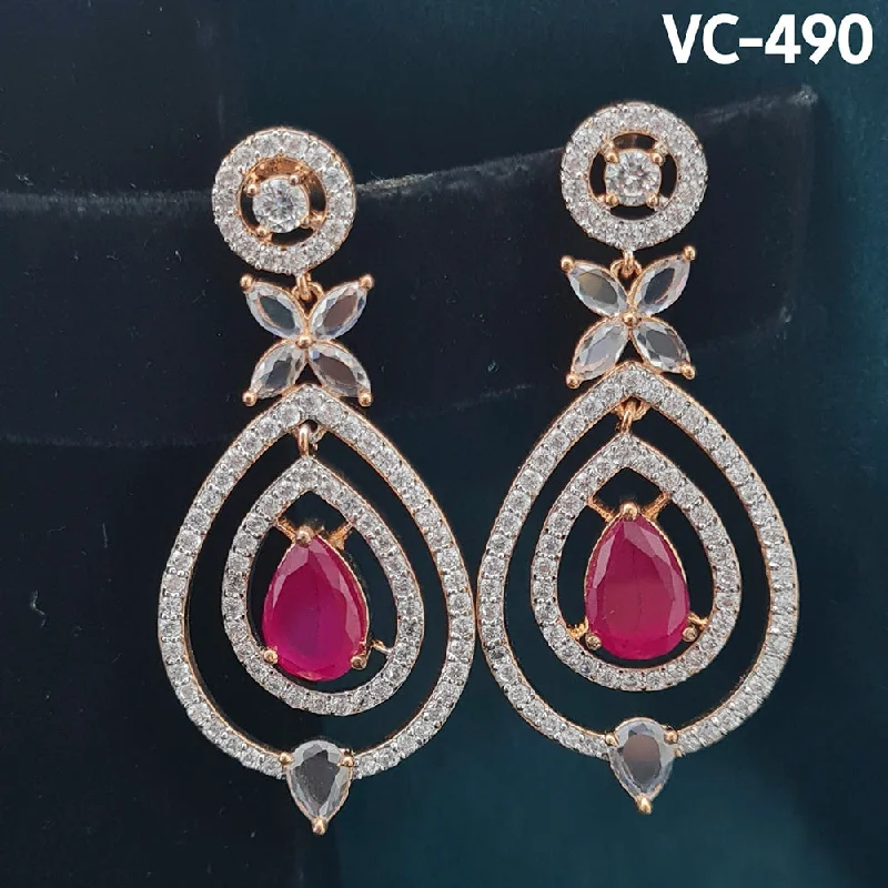 Drop Earrings with Etched Designs -Vivah Creations Rose Gold Plated AD Stone Dangler Earrings