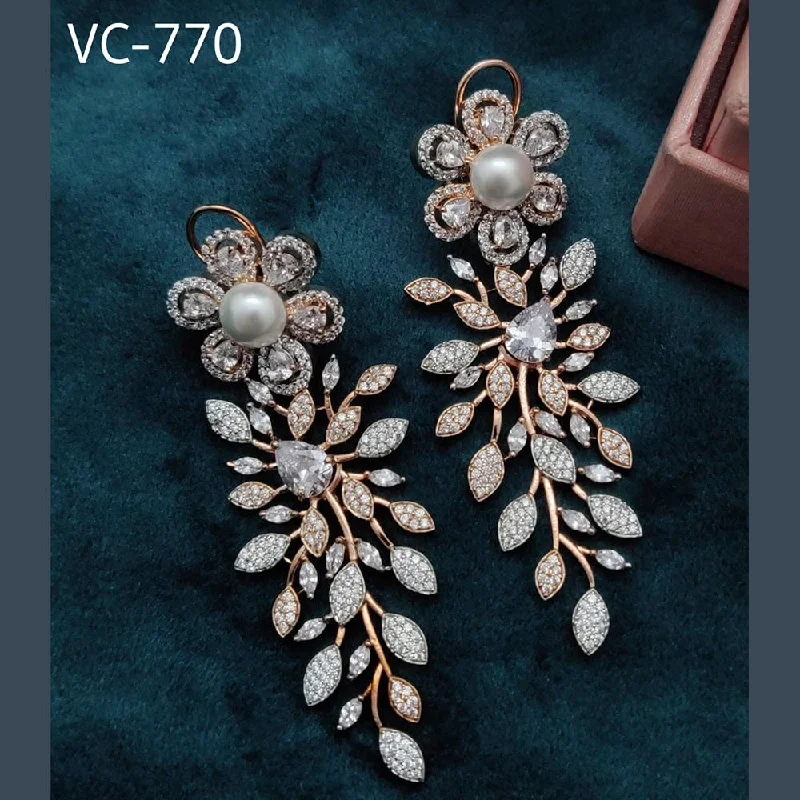 Crystal and Pearl Drop Earrings for Glamour -Vivah Creations Rose Gold Plated AD Stone Dangler Earrings