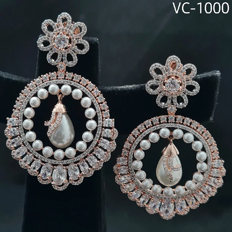 Studded Drop Earrings with Gemstones -Vivah Creations Rose Gold Plated AD Stone Dangler Earrings