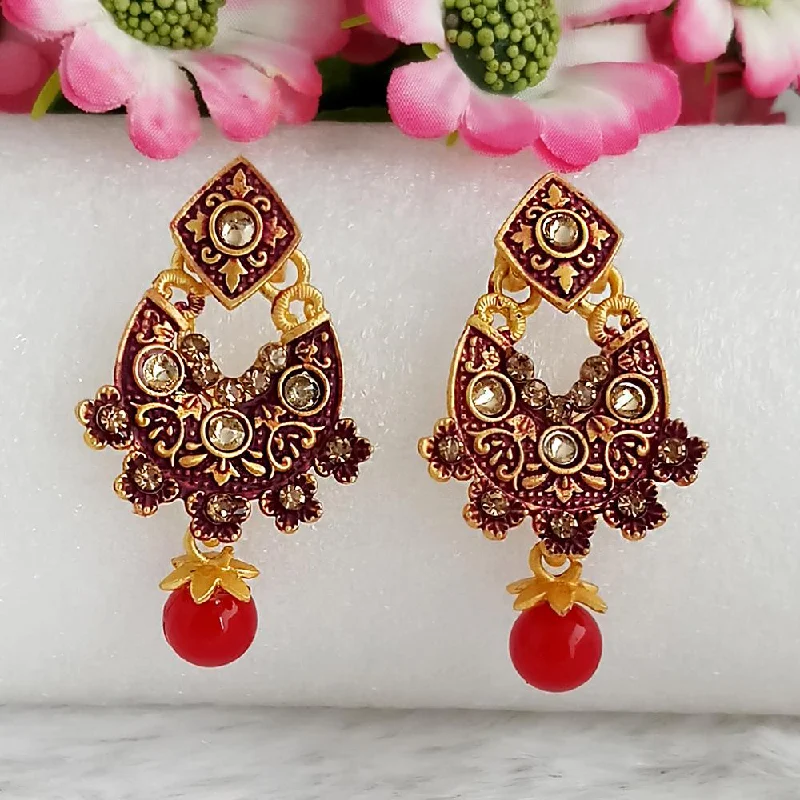 Drop Earrings with Leaf Motifs -Woma Gold Plated Maroon Dangler Meenakari Earrings - 1318058D