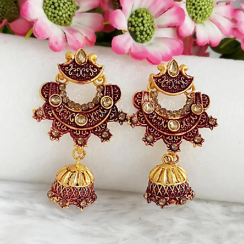 Drop Earrings for Travel Look -Woma Gold Plated Maroon Dangler Meenakari Earrings - 1318062D