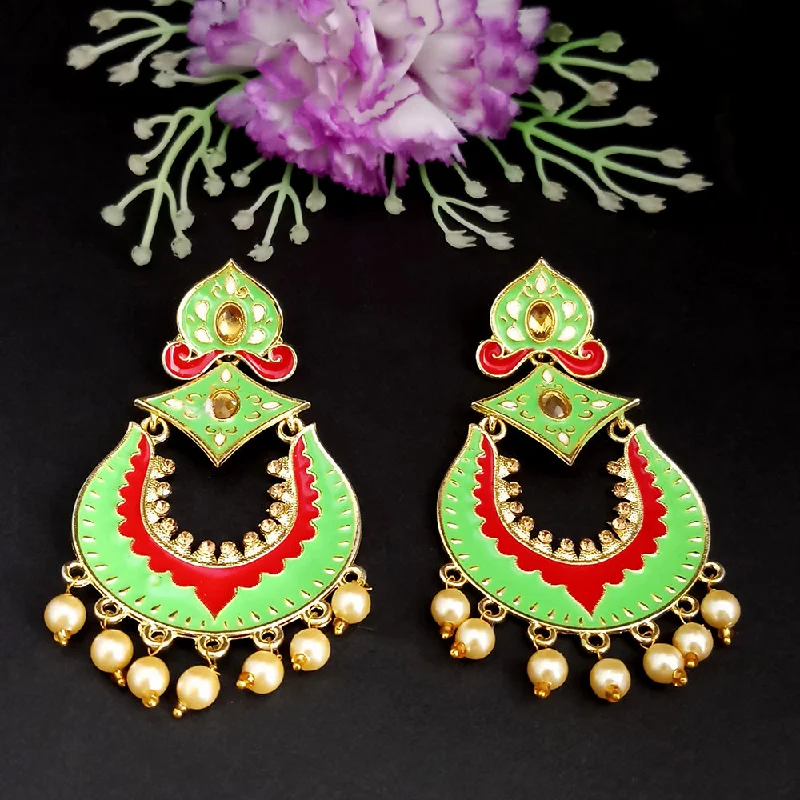 Short Drop Earrings for Subtle -Woma Kundan Green Meenakari Dangler Earrings