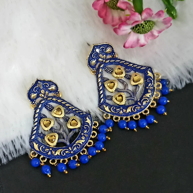 Clip On Drop Earrings for Non Pierced -Woma Matte Blue Meenakari Dangler Beads Drop Earrings