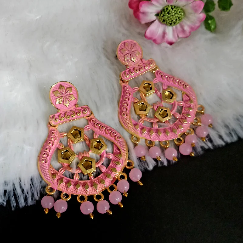 Vintage Drop Earrings with Patina -Woma Matte Light Pink Meenakari Dangler Beads Drop Earrings