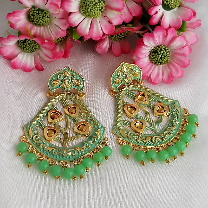 Push Back Drop Earrings for Convenience -Woma Matte Green Meenakari Dangler Beads Drop Earrings