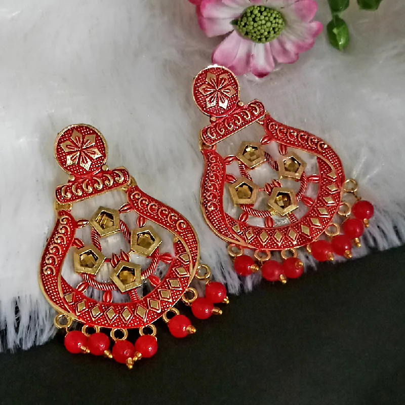 Floral Drop Earrings with Petals -Woma Matte Red Meenakari Dangler Beads Drop Earrings