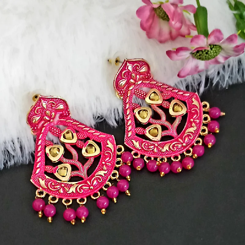 Rhinestone Drop Earrings for Sparkle -Woma Matte Pink Meenakari Dangler Beads Drop Earrings