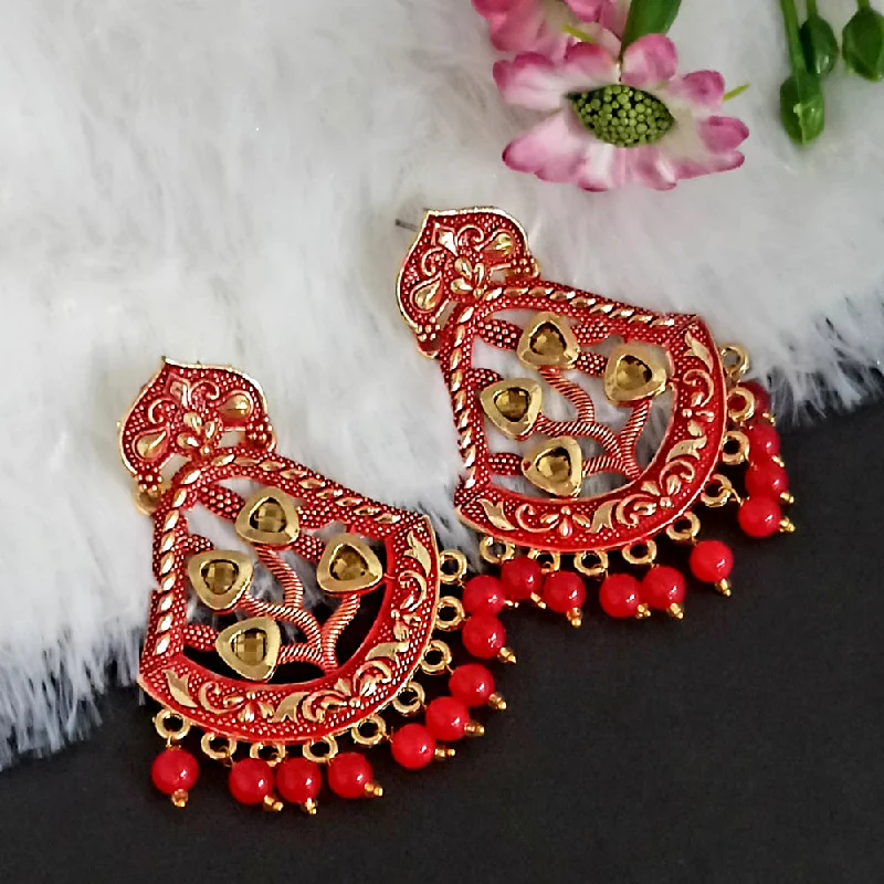 Leverback Drop Earrings for Comfort -Woma Matte Red Meenakari Dangler Beads Drop Earrings