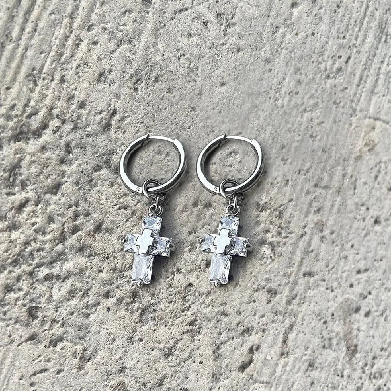 Drop Earrings with Floral Motifs -Zircon Cross Stainless Steel Drop Earrings