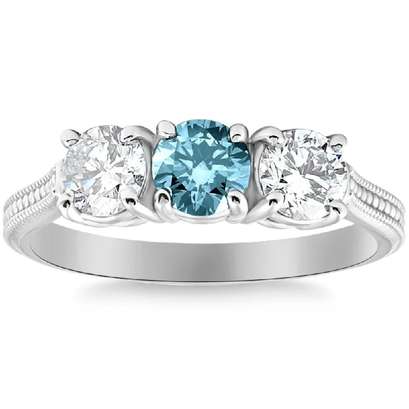 Rings with moonstone gems for ethereal glow -1 1/2Ct Blue Diamond Three Stone Vintage Accent Engagement Ring in 10k Gold