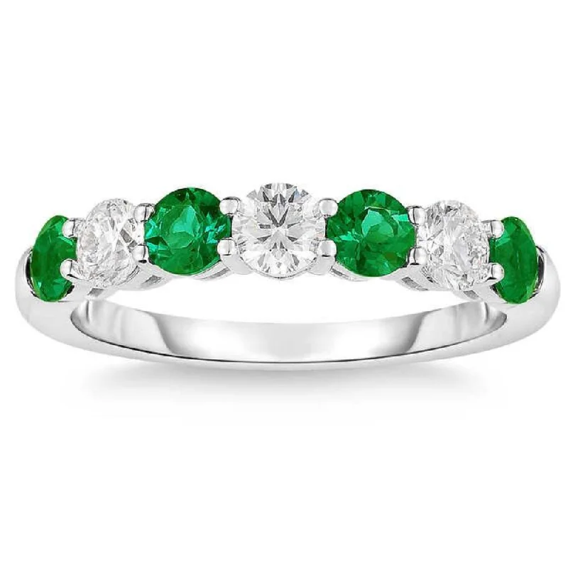 Rings with bold ruby stones for drama -1 1/2Ct TW Round Diamond & Created Emerald Wedding Anniversary Ring in 14k Gold