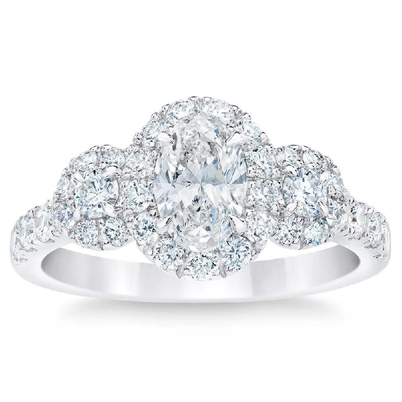 Rings with etched floral bands for detail -1 1/3Ct Oval Halo 3-Stone Diamond Engagement Ring in 10k White Gold Lab Grown