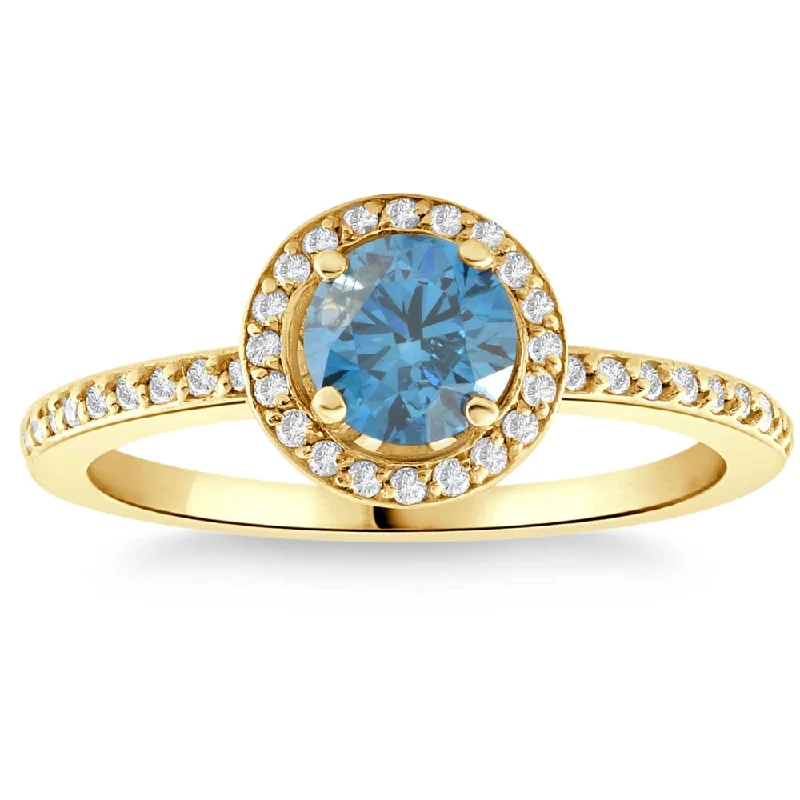 Minimalist rings with tiny diamond dot accents -1 1/3Ct TW Blue & White Diamond Halo Engagement Ring in 14k Yellow Gold