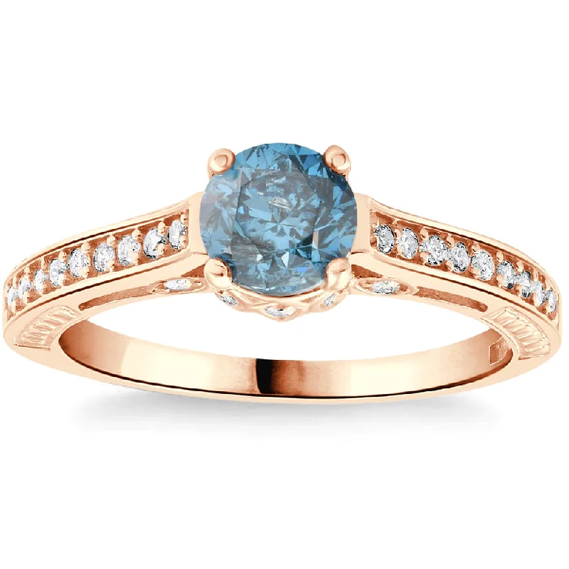 Rings with rough sapphire for rugged chic -1 1/4Ct Blue Diamond Vintage Engagement Ring 14k Rose Gold